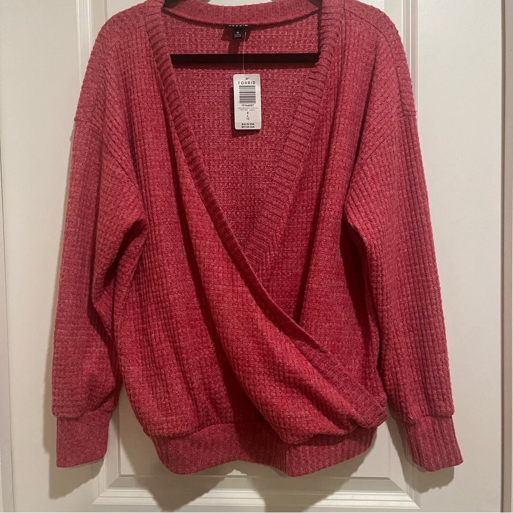 Torrid Brushed Waffle Surplice Drop Shoulder Pink Wrap Sweater size 0 NWT